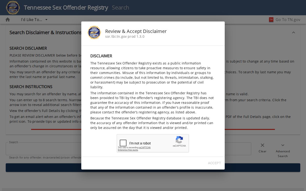 Dickson County sex offender registry search fields on the TBI portal